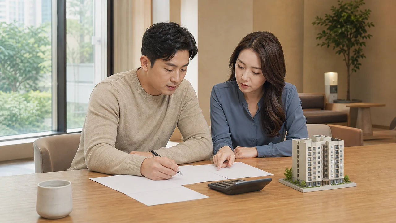 아파트 모형과 빈 서류를 두고 주거비와 대출 계획을 점검하는 한국인 부부