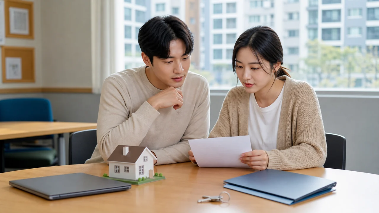 아파트 모형과 서류를 두고 주거비와 일자리 계획을 살펴보는 한국인 부부