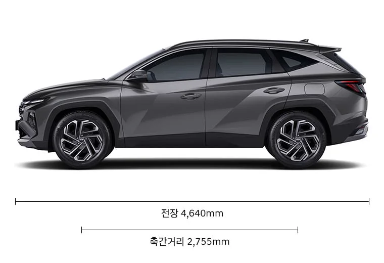 2026 투싼 전장 4,640mm와 축간거리 2,755mm를 보여주는 공식 측면 제원도