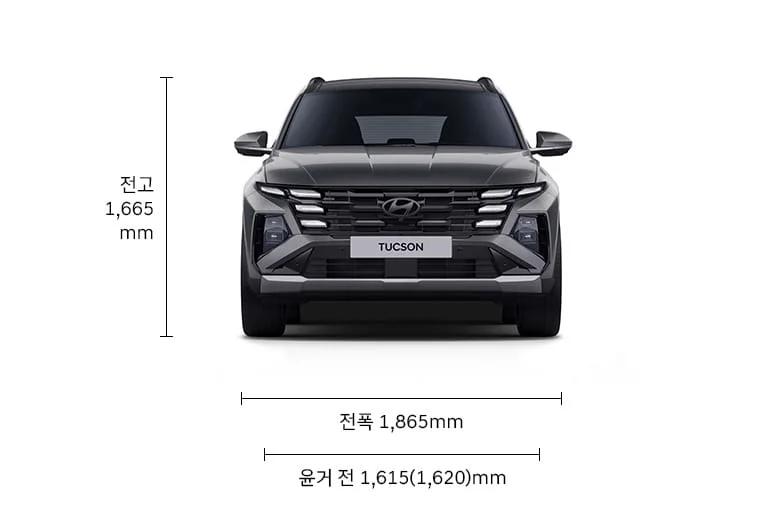 2026 투싼 전폭 1,865mm와 전고 1,665mm를 보여주는 공식 전면 제원도