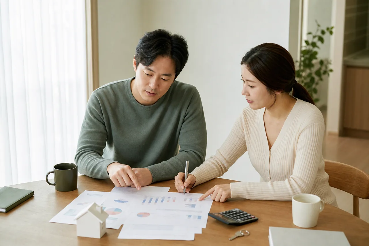 주택과 가계 예산 자료를 함께 확인하는 한국인 부부