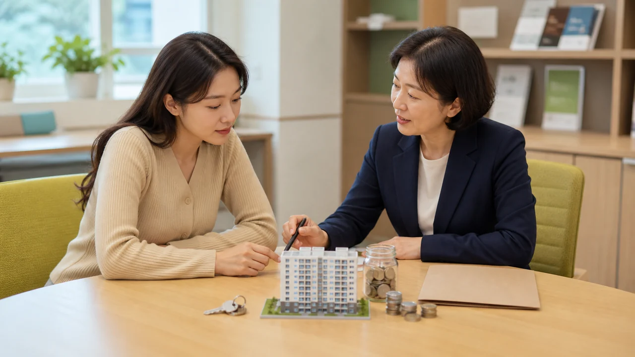 아파트 모형과 저축 도구를 두고 주거비와 자산 계획을 상담하는 한국인들