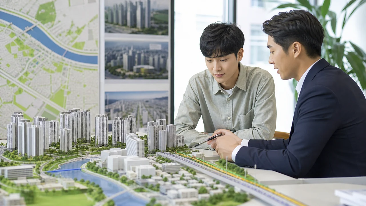 도시 모형을 보며 주택과 일자리 조건을 상담하는 한국인들