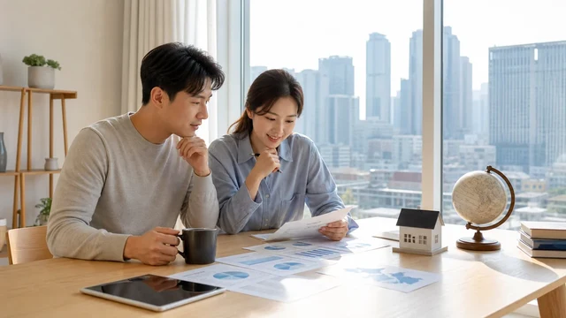 서울의 아침을 배경으로 경제 흐름을 함께 살펴보는 한국인 부부