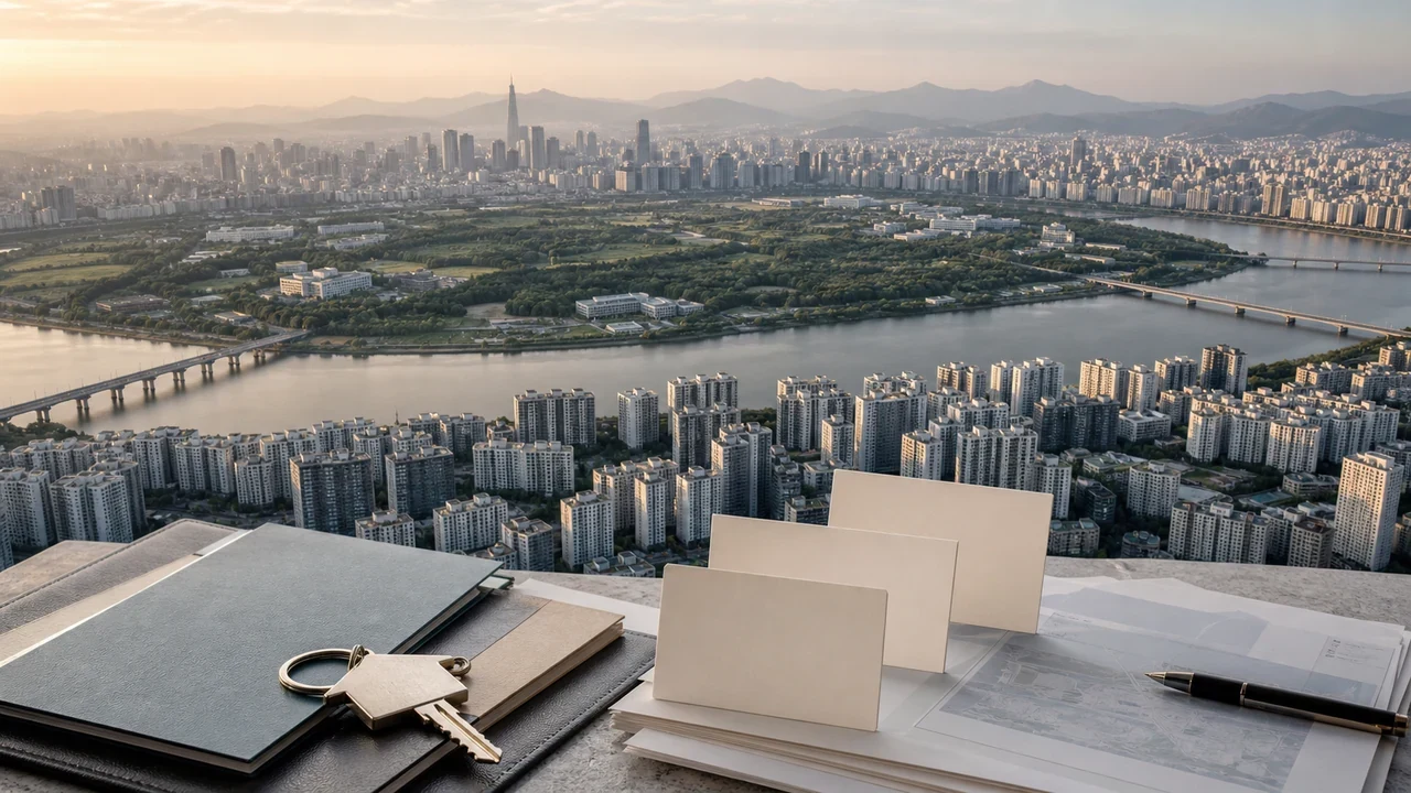 서울 아파트와 용산의 녹지, 주택 서류와 열쇠로 부동산 세제와 공급 논의를 표현한 이미지