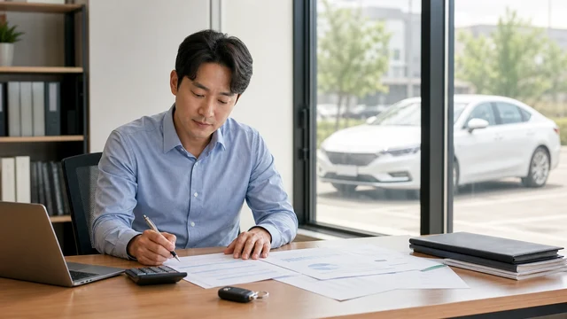 사무실에서 장기렌트 계약과 비용 자료를 검토하는 개인사업자