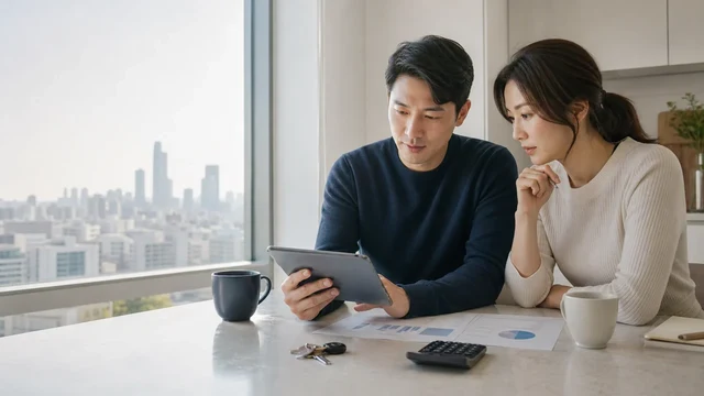 서울의 아침을 배경으로 가계 경제 자료를 확인하는 한국인 부부