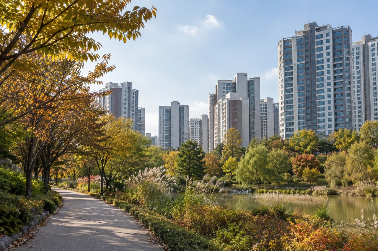 도시의 아파트와 녹지 공간을 표현한 AI 생성 참고 이미지. 실제 용산공원이나 개발 조감도가 아닙니다.