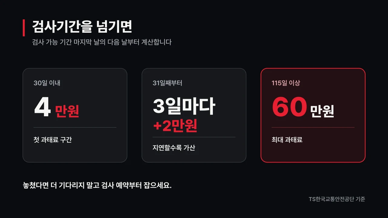 자동차 정기검사 지연 과태료 기준을 단계별로 정리한 인포그래픽
