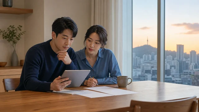 서울의 아침 집에서 생활비와 경제 계획을 함께 살펴보는 한국인 부부