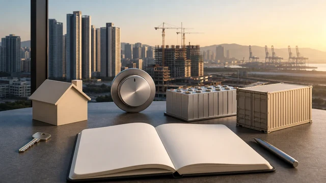 아파트와 주택 공사 현장, 항만을 배경으로 집 모형·금리 조절 장치·배터리·빈 기록장을 배치한 아침 경제 이미지