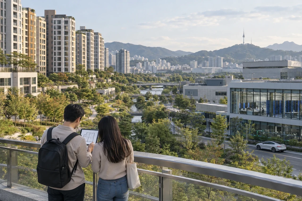 서울 주거 지역과 첨단 산업 단지가 한 화면에 이어지는 경제 변화 이미지