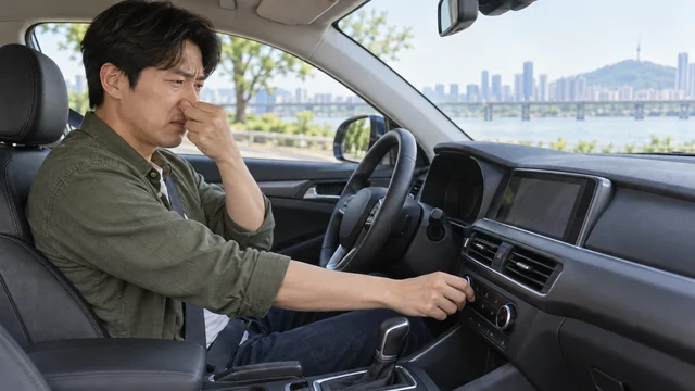 차량 에어컨을 켠 직후 송풍구 냄새를 확인하는 운전자