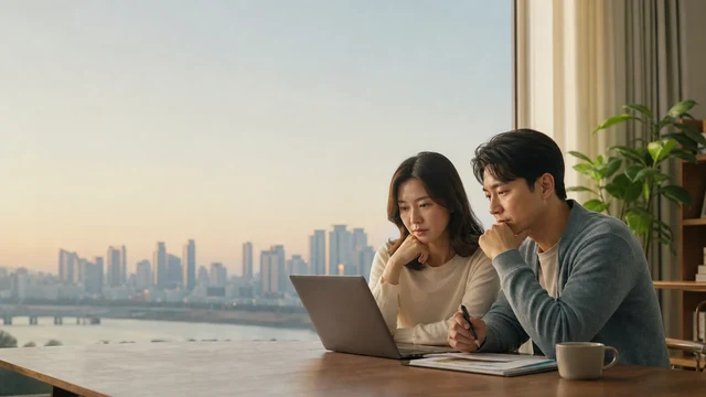 서울의 아침을 배경으로 가계 경제 흐름을 확인하는 한국인 부부