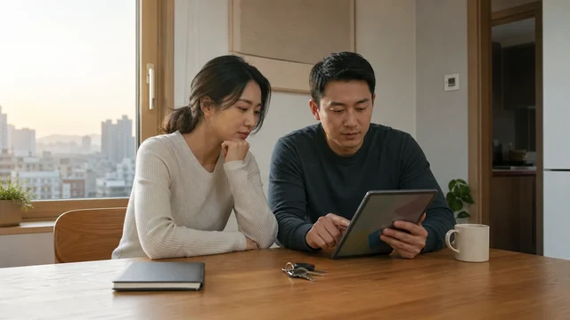 서울의 아침 집에서 생활비와 경제 계획을 함께 확인하는 한국인 부부